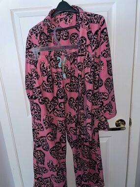 Pink Heart Print Fleece Pajama Set